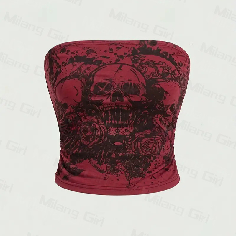 Ευρωπαϊκό και Αμερικανικό Καλοκαίρι και Φθινόπωρο Νέο Στυλ Εξατομικευμένης Κεφαλής Κρανίου Σκούρο Τυπωμένο Γιλέκο All Saints με Στάμπα σε Πολύ Κοντό Στενή Γραμμή με Σωλήνα