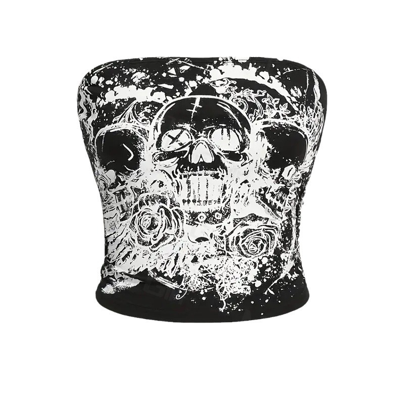 Ευρωπαϊκό και Αμερικανικό Καλοκαίρι και Φθινόπωρο Νέο Στυλ Εξατομικευμένης Κεφαλής Κρανίου Σκούρο Τυπωμένο Γιλέκο All Saints με Στάμπα σε Πολύ Κοντό Στενή Γραμμή με Σωλήνα