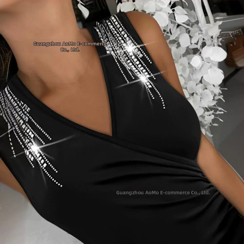 Jesenný a zimný top s výstrihom do V, kávový, s odhalenými ramenami a diamantmi, nový, hot-selling