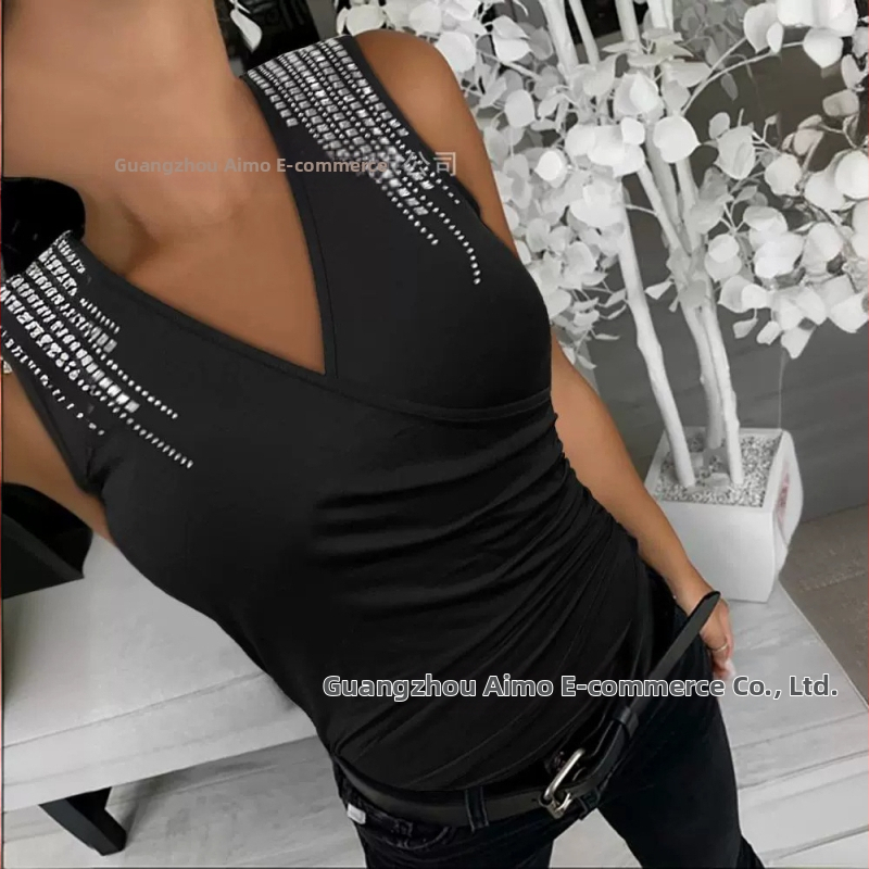 Jesenný a zimný top s výstrihom do V, kávový, s odhalenými ramenami a diamantmi, nový, hot-selling