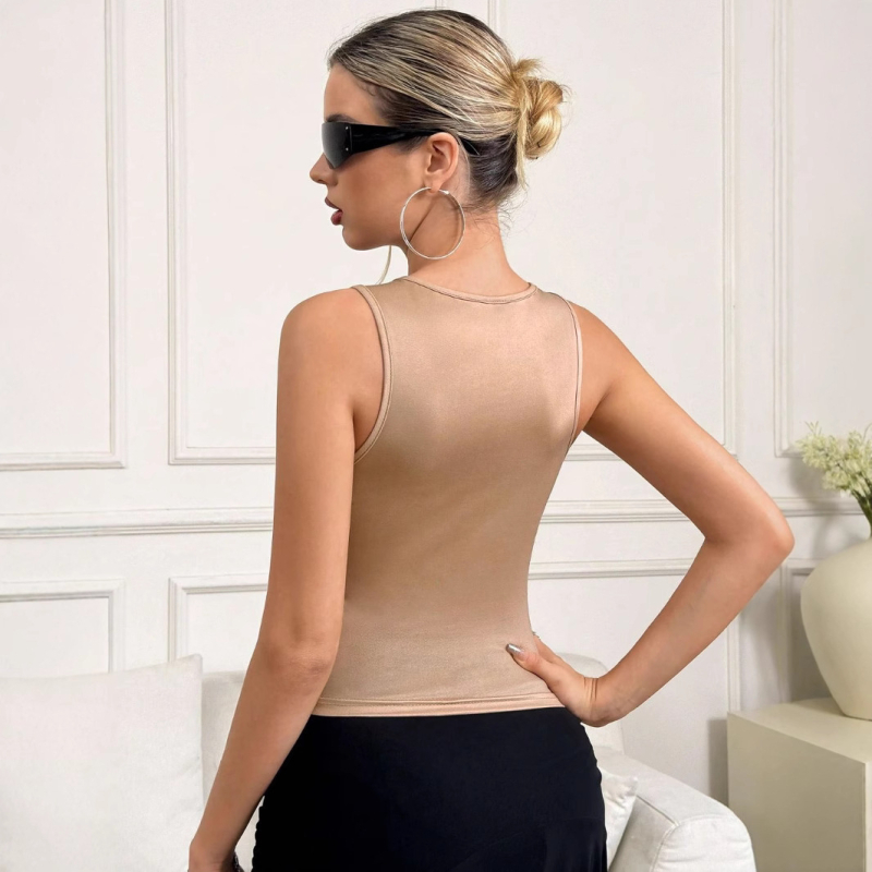 Γυναικεία καλοκαιρινή τάση μόδας για το καλοκαίρι του 2025 σε Ευρώπη και Αμερική, αμάνικο, τυπωμένο, στενό γιλέκο με στρογγυλή λαιμόκοψη και στάμπα σε ίσια γραμμή