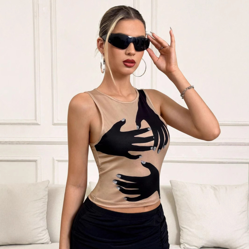 Γυναικεία καλοκαιρινή τάση μόδας για το καλοκαίρι του 2025 σε Ευρώπη και Αμερική, αμάνικο, τυπωμένο, στενό γιλέκο με στρογγυλή λαιμόκοψη και στάμπα σε ίσια γραμμή