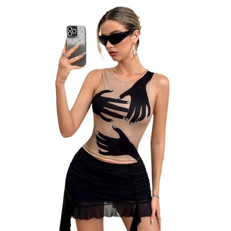 Γυναικεία καλοκαιρινή τάση μόδας για το καλοκαίρι του 2025 σε Ευρώπη και Αμερική, αμάνικο, τυπωμένο, στενό γιλέκο με στρογγυλή λαιμόκοψη και στάμπα σε ίσια γραμμή