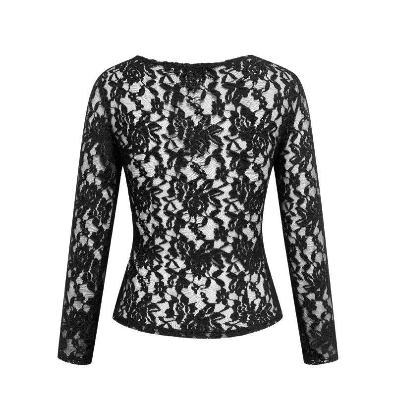 Γυναικεία Ρούχα από την Ευρώπη και την Αμερική, Γυναικεία Σέξι Μπλούζες από Δαντέλα σε Καθαρό Χρώμα, Ευρωπαϊκές και Αμερικανικές, Νέα, Διαφανή Σέξι Μπλούζες με Μακρυμάνικα, από Διχτυωτό Υλικό