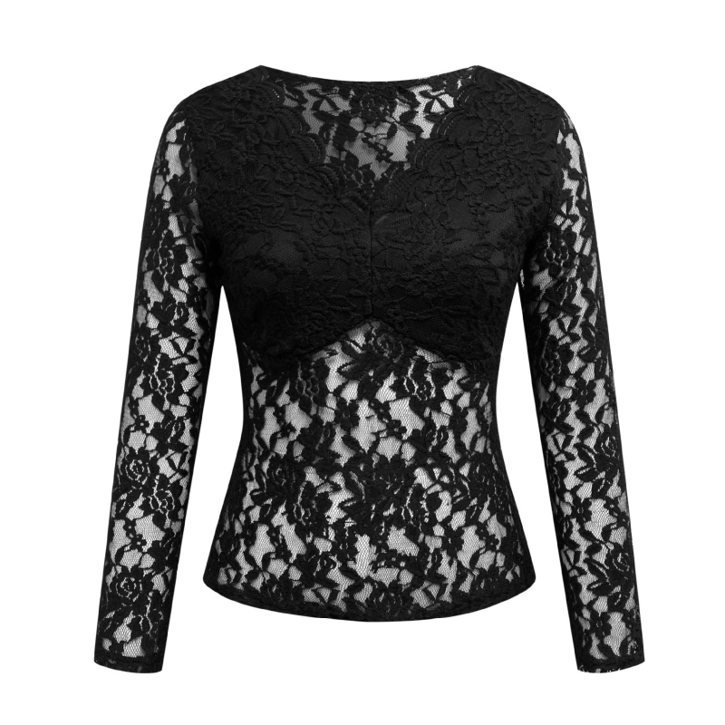 Γυναικεία Ρούχα από την Ευρώπη και την Αμερική, Γυναικεία Σέξι Μπλούζες από Δαντέλα σε Καθαρό Χρώμα, Ευρωπαϊκές και Αμερικανικές, Νέα, Διαφανή Σέξι Μπλούζες με Μακρυμάνικα, από Διχτυωτό Υλικό