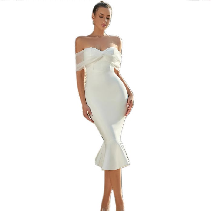 Φόρεμα Ευρωπαϊκό και Αμερικανικό 2024 Νέο Στυλ Σέξι Τοπ με Έξω Ώμους και Κοντό Μανίκι, Στενή Εφαρμογή, Λευκό Φόρεμα