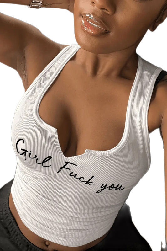 Διασυνοριακά ευρωπαϊκά και αμερικανικά γυναικεία ρούχα Amazon Independent Station Μονόχρωμο γιλέκο με γράμματα Pit Strip και βαθύ V χωρίς μανίκια για τον ομφαλό