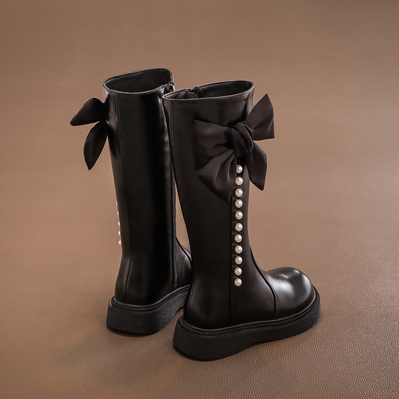 Mergaičių odiniai batai, vaikiški 2024 m. pavasario ir rudens nauji ilgi aukštakulniai batai, mažosios princesės madingi medvilniniai batai, urmu