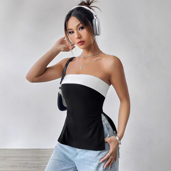 Γυναικείο μαύρο και άσπρο τοπ με κομψή γραμμή και ντεκολτέ σε αντίθεση χρώματος σε ευρωπαϊκή και αμερικανική απόχρωση του 2025