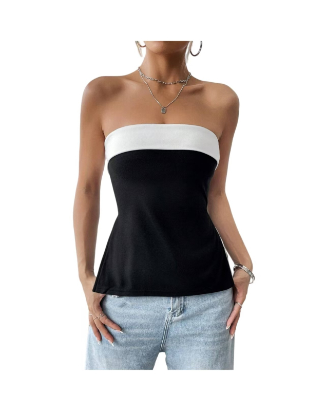 Γυναικείο μαύρο και άσπρο τοπ με κομψή γραμμή και ντεκολτέ σε αντίθεση χρώματος σε ευρωπαϊκή και αμερικανική απόχρωση του 2025