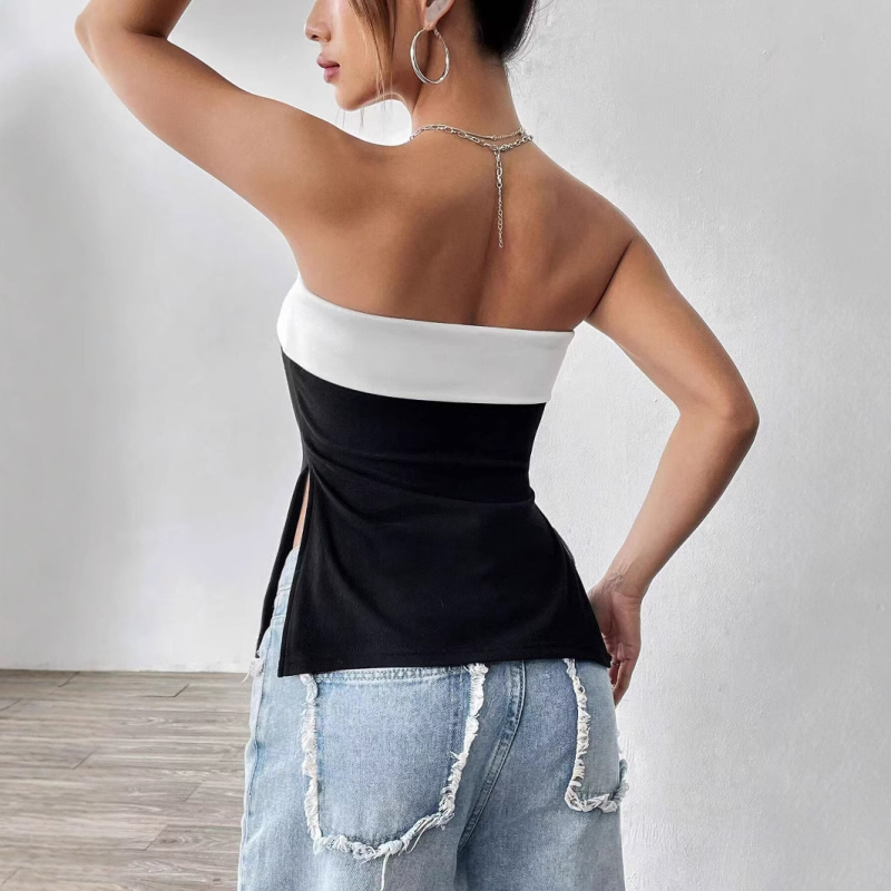Γυναικείο μαύρο και άσπρο τοπ με κομψή γραμμή και ντεκολτέ σε αντίθεση χρώματος σε ευρωπαϊκή και αμερικανική απόχρωση του 2025
