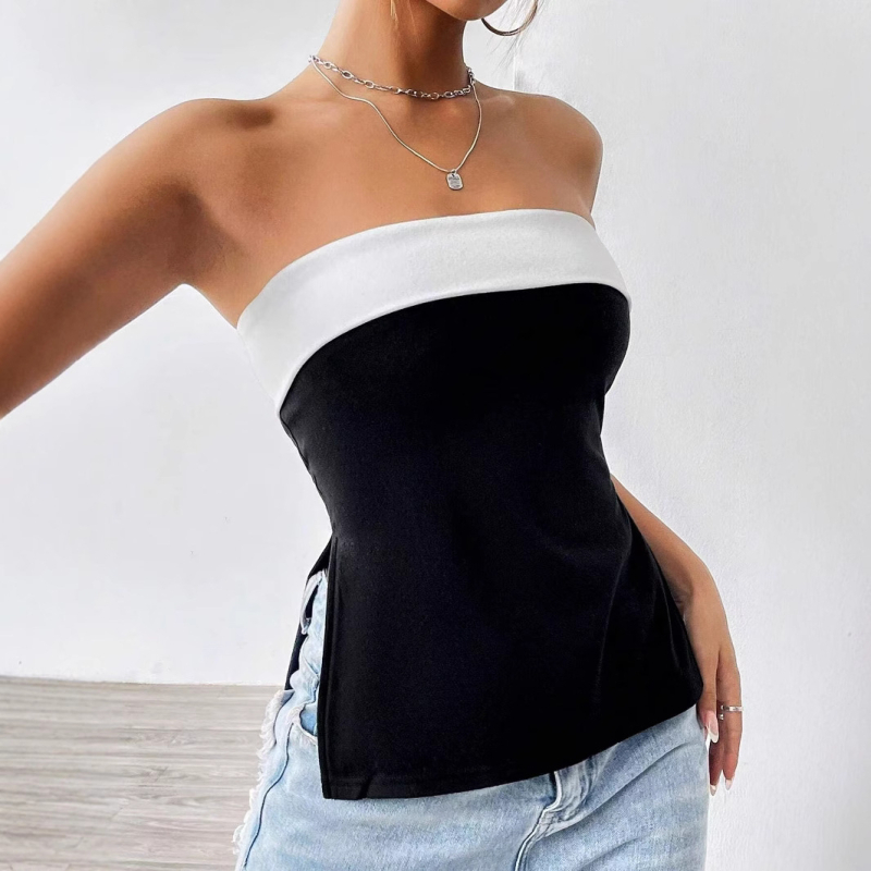 Γυναικείο μαύρο και άσπρο τοπ με κομψή γραμμή και ντεκολτέ σε αντίθεση χρώματος σε ευρωπαϊκή και αμερικανική απόχρωση του 2025