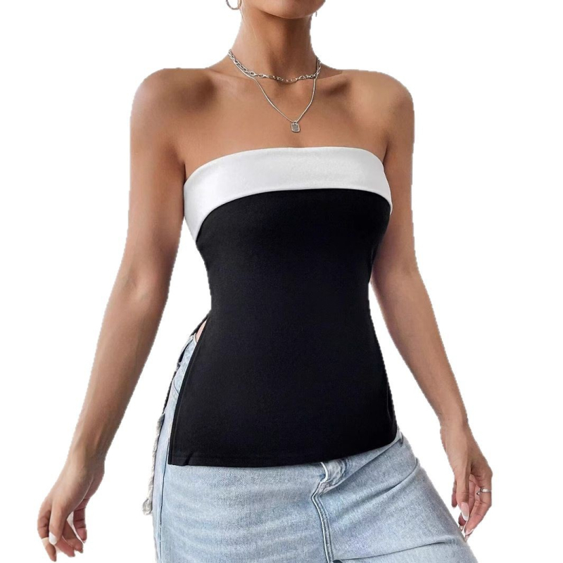 Γυναικείο μαύρο και άσπρο τοπ με κομψή γραμμή και ντεκολτέ σε αντίθεση χρώματος σε ευρωπαϊκή και αμερικανική απόχρωση του 2025