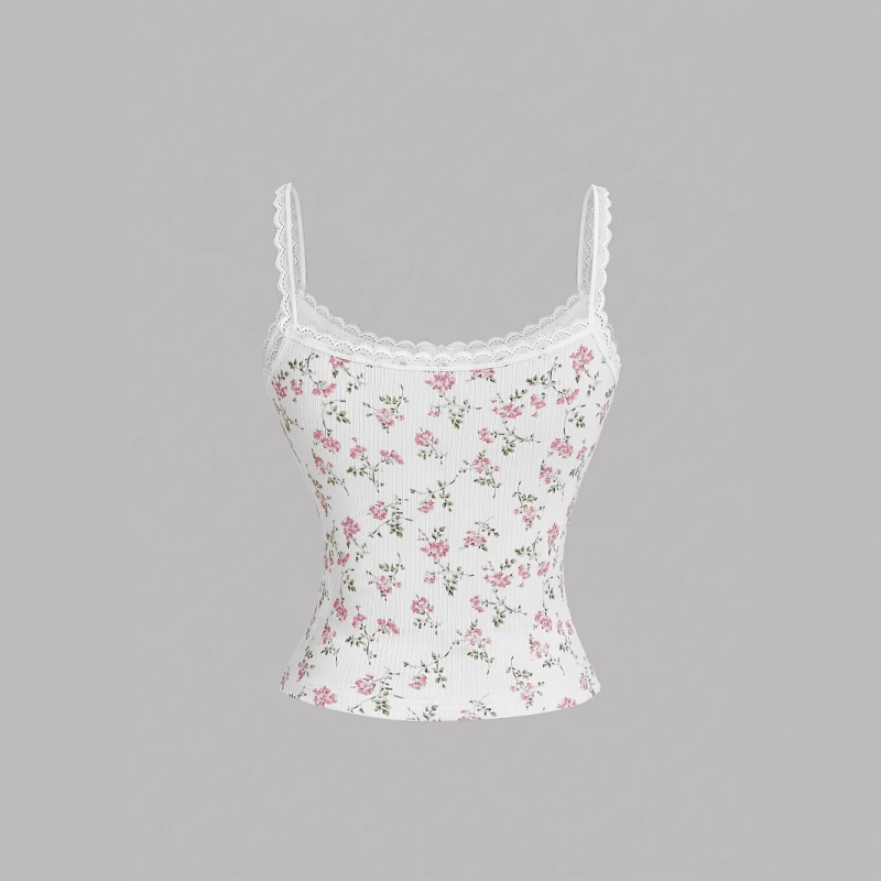 Διασυνοριακό Amazon Εξωτερικού Εμπορίου Ροζ Φλοράλ Δαντελένιο Μπλούζα με Τιράντες Χαριτωμένο Casual Πουκάμισο με Στρώσεις