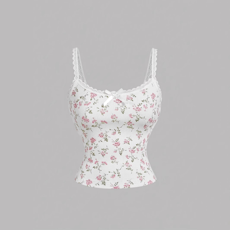 Διασυνοριακό Amazon Εξωτερικού Εμπορίου Ροζ Φλοράλ Δαντελένιο Μπλούζα με Τιράντες Χαριτωμένο Casual Πουκάμισο με Στρώσεις