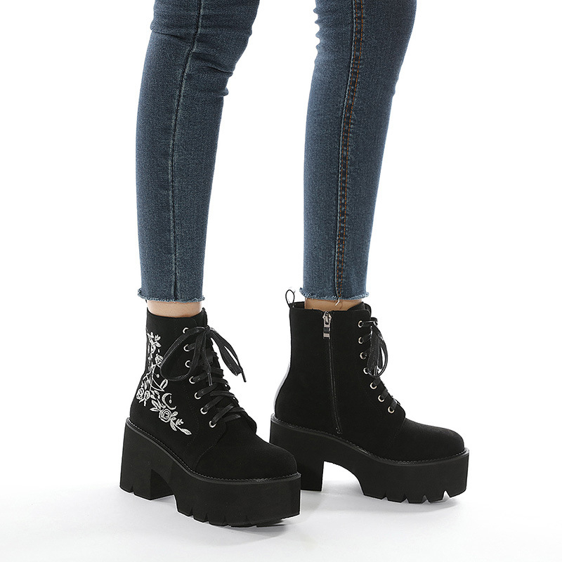 Γυναικεία παπούτσια με κέντημα και σχέδιο για μεγάλα μεγέθη, Φθινόπωρο και Χειμώνας 2025, Νέα γυναικεία μπότα Amazon με χοντρό τακούνι και χοντρό πάτο, κοντά μπότες, γυναικείες μπότες Knights