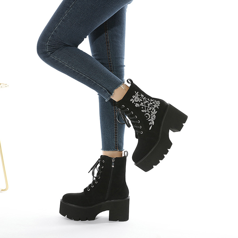 Γυναικεία παπούτσια με κέντημα και σχέδιο για μεγάλα μεγέθη, Φθινόπωρο και Χειμώνας 2025, Νέα γυναικεία μπότα Amazon με χοντρό τακούνι και χοντρό πάτο, κοντά μπότες, γυναικείες μπότες Knights
