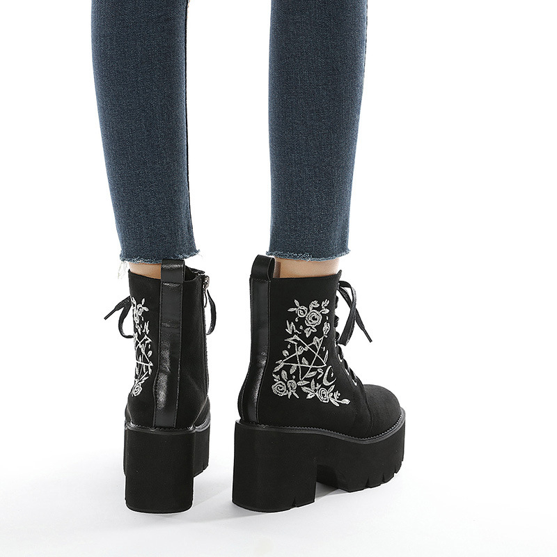 Γυναικεία παπούτσια με κέντημα και σχέδιο για μεγάλα μεγέθη, Φθινόπωρο και Χειμώνας 2025, Νέα γυναικεία μπότα Amazon με χοντρό τακούνι και χοντρό πάτο, κοντά μπότες, γυναικείες μπότες Knights