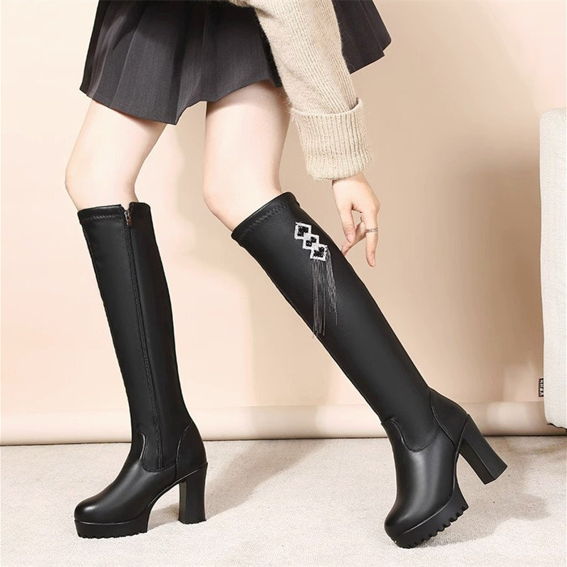 Γυναικείες μακριές μπότες 2023 φθινόπωρο και χειμώνας Νέες βρετανικές μπότες με στρογγυλή μύτη και χοντρό τακούνι, μακριές ελαστικές μπότες με στρας, μοντέρνες ψηλές μπότες για γυναίκες