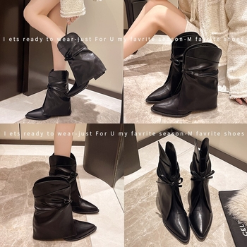 Φθινόπωρο 2024, νέες ευρωπαϊκές και αμερικανικές μυτερές χοντρές ψηλοτάκουνες σέξι παντελόνες με χαμηλό σωλήνα, λεπτές μπότες νυχτερινού κέντρου, γυναικείες κοντές μπότες Denim Martin