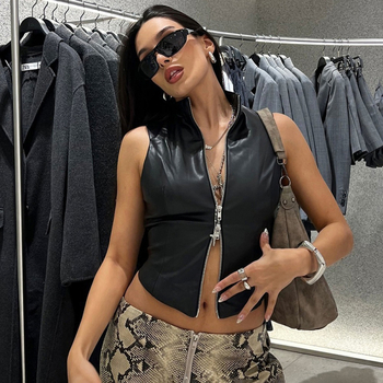 Ευρωπαϊκό και αμερικανικό στυλ 2024 Φθινόπωρο Νέα Διασυνοριακή Γυναικεία Μόδα Κάθετο Κολάρο Σέξι Χωρίς Πλάτη Λεπτή Εφαρμογή Navel PU Μικρό Γιλέκο για Γυναίκες