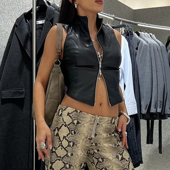 Ευρωπαϊκό και αμερικανικό στυλ 2024 Φθινόπωρο Νέα Διασυνοριακή Γυναικεία Μόδα Κάθετο Κολάρο Σέξι Χωρίς Πλάτη Λεπτή Εφαρμογή Navel PU Μικρό Γιλέκο για Γυναίκες