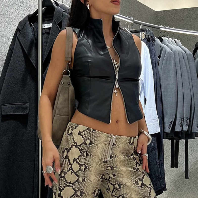 Ευρωπαϊκό και αμερικανικό στυλ 2024 Φθινόπωρο Νέα Διασυνοριακή Γυναικεία Μόδα Κάθετο Κολάρο Σέξι Χωρίς Πλάτη Λεπτή Εφαρμογή Navel PU Μικρό Γιλέκο για Γυναίκες