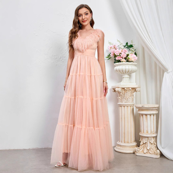 Nova europska i američka ružičasta prekogranična šifonska duga haljina za djeveruše s V-izrezom i baršunastim ovratnikom, večernja haljina