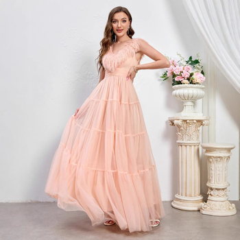 Nova europska i američka ružičasta prekogranična šifonska duga haljina za djeveruše s V-izrezom i baršunastim ovratnikom, večernja haljina