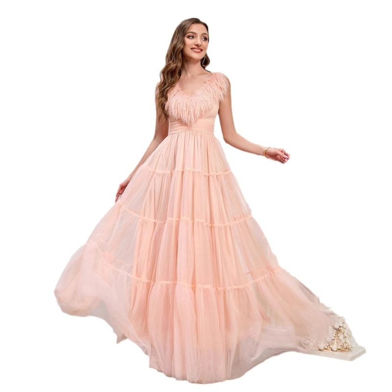 Nova europska i američka ružičasta prekogranična šifonska duga haljina za djeveruše s V-izrezom i baršunastim ovratnikom, večernja haljina