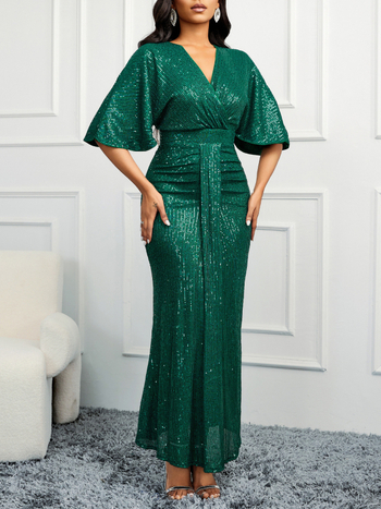 Nova europska i američka vanjska trgovina, haljina visokog struka s V-izrezom i šljokicama, haljina s rukavima na ramenima, duga haljina s strukom, banket, koktel