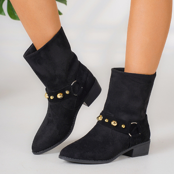 Γυναικείες Σουέτ Μπότες Martins 2024 Φθινόπωρο και Χειμώνας Νέο Βρετανικό Στυλ Ζώνης με Πριτσίνια, Εξωτερικό Εμπόριο, Μπότες Plus Size με Χοντρό Τακούνι και Μυτερή Φτέρνα