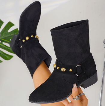 Γυναικείες Σουέτ Μπότες Martins 2024 Φθινόπωρο και Χειμώνας Νέο Βρετανικό Στυλ Ζώνης με Πριτσίνια, Εξωτερικό Εμπόριο, Μπότες Plus Size με Χοντρό Τακούνι και Μυτερή Φτέρνα