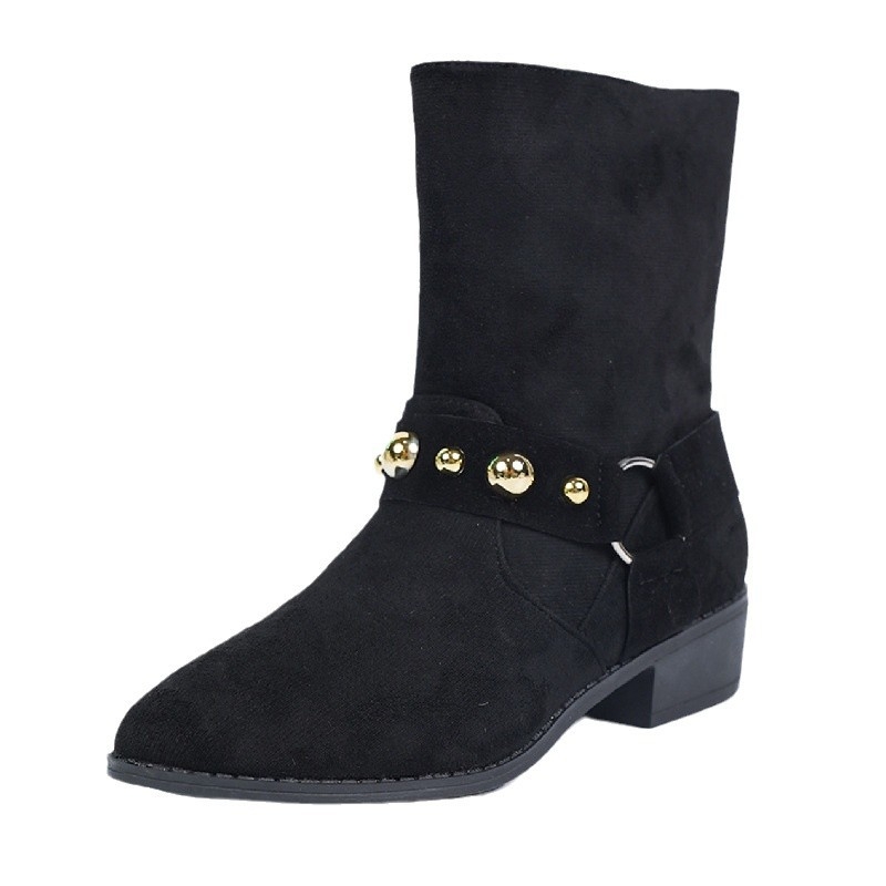 Γυναικείες Σουέτ Μπότες Martins 2024 Φθινόπωρο και Χειμώνας Νέο Βρετανικό Στυλ Ζώνης με Πριτσίνια, Εξωτερικό Εμπόριο, Μπότες Plus Size με Χοντρό Τακούνι και Μυτερή Φτέρνα