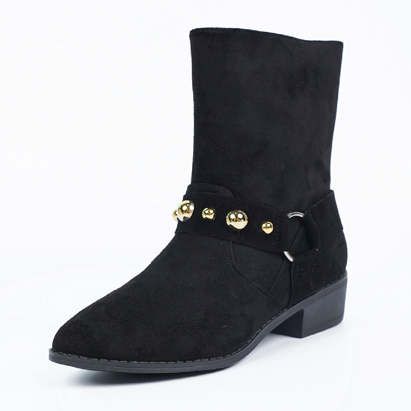 Γυναικείες Σουέτ Μπότες Martins 2024 Φθινόπωρο και Χειμώνας Νέο Βρετανικό Στυλ Ζώνης με Πριτσίνια, Εξωτερικό Εμπόριο, Μπότες Plus Size με Χοντρό Τακούνι και Μυτερή Φτέρνα