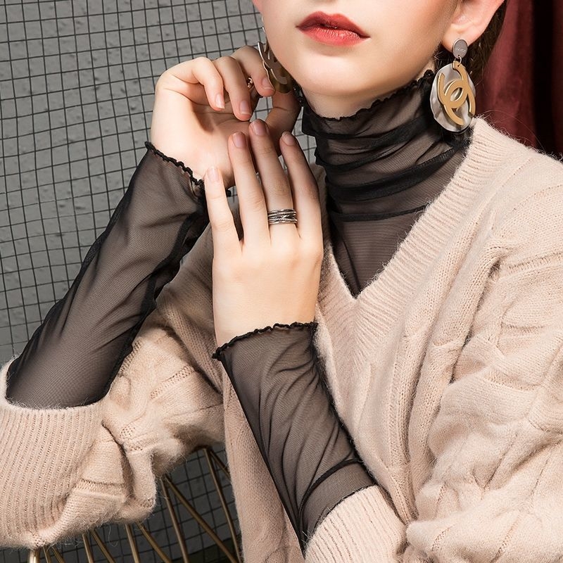 Γυναικείο Πουκάμισο με Ψηλό Γιακά και Δίχτυ, Στυλάτη Γάζα, Μεγάλα Μεγέθη, Μαύρο, Δαντελένιο Πουκάμισο με Γιακά και Πέλος