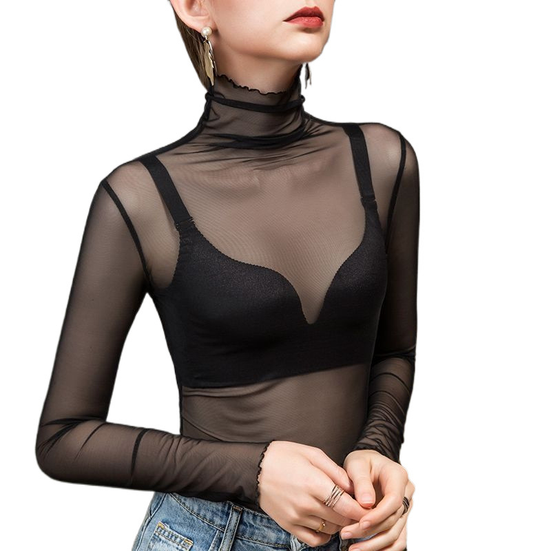 Γυναικείο Πουκάμισο με Ψηλό Γιακά και Δίχτυ, Στυλάτη Γάζα, Μεγάλα Μεγέθη, Μαύρο, Δαντελένιο Πουκάμισο με Γιακά και Πέλος