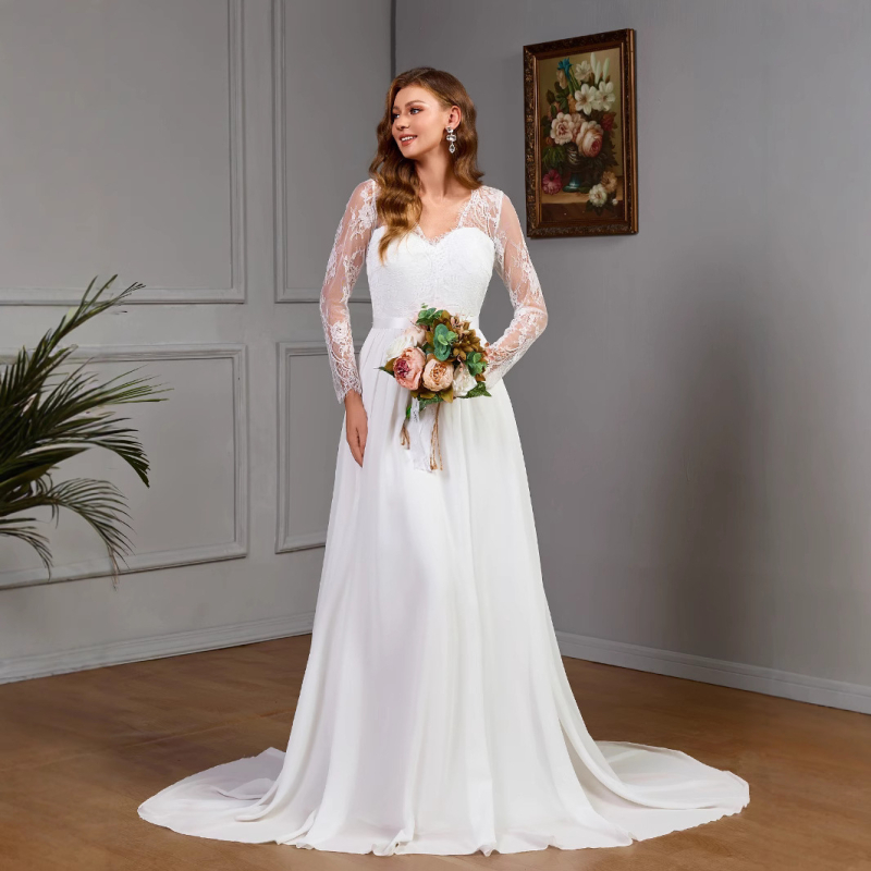 Europska i američka vanjska trgovina Nova ženska Amazon seksi čipkasta vjenčanica dugih rukava s grudima, pamučna velika haljina za ljuljanje, bijela