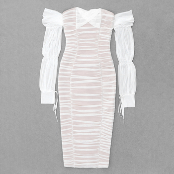 Amazon Fashion λευκό φόρεμα με μακριά μανίκια και πλισέ βολάν και έξω τους ώμους