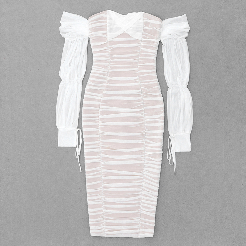 Amazon Fashion λευκό φόρεμα με μακριά μανίκια και πλισέ βολάν και έξω τους ώμους