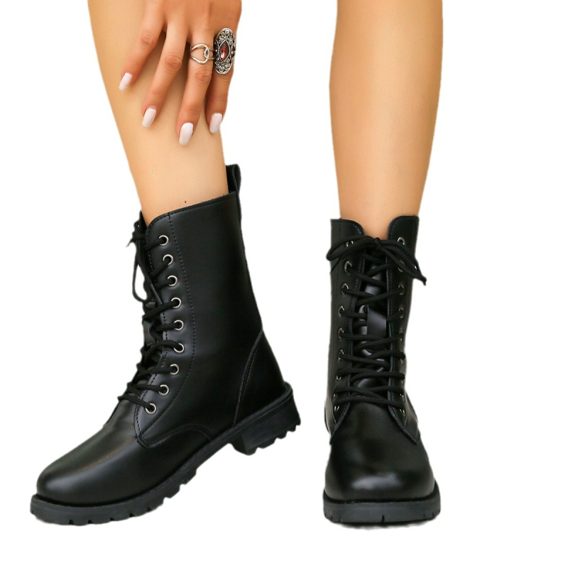 Γυναικείες Μπότες 2025 Φθινόπωρο και Χειμώνας Νέες Μαύρες Μπότες Martin με Στρογγυλή Μύτη και Κορδόνια, Μοντέρνες, Μεγάλες Μπότες με Χοντρή Σόλα και Μοναδικές Μπότες μέχρι τη Μέση της Γάμπας για Γυναίκες