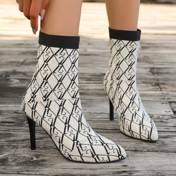 Cross-Border 24 Φθινόπωρο και Χειμώνας Νέες Μεγάλες Ελαστικές Μπότες με Υφασμάτινη Λάστιχο, Γυναικείες Λεπτές Μπότες με Στιλέτο και Μυτερές Δακτύλες