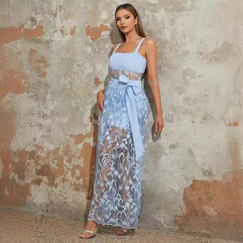 Ευρωπαϊκή και αμερικανική μόδα χωρίς πλάτη V sling αδυνατίσματος με διαφανές μπλε nich, μακρύ, χαλαρό φόρεμα, μονοκόμματο, παράδοση