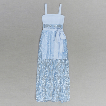 Ευρωπαϊκή και αμερικανική μόδα χωρίς πλάτη V sling αδυνατίσματος με διαφανές μπλε nich, μακρύ, χαλαρό φόρεμα, μονοκόμματο, παράδοση