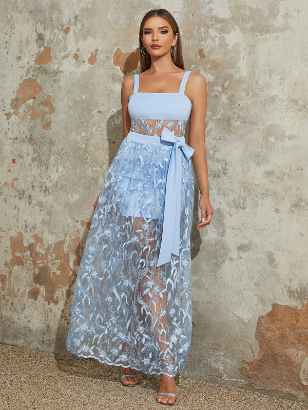 Ευρωπαϊκή και αμερικανική μόδα χωρίς πλάτη V sling αδυνατίσματος με διαφανές μπλε nich, μακρύ, χαλαρό φόρεμα, μονοκόμματο, παράδοση