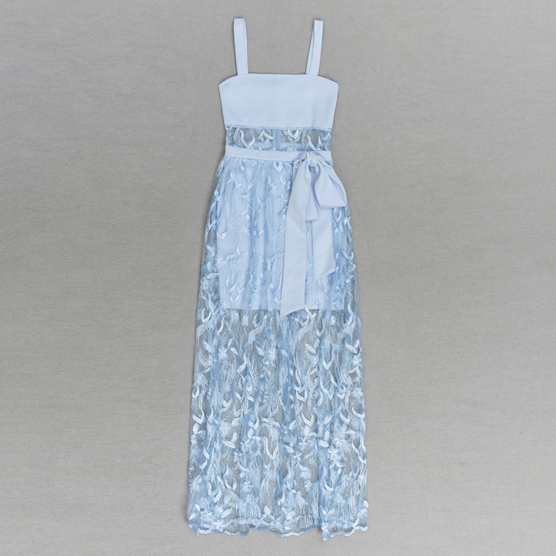 Ευρωπαϊκή και αμερικανική μόδα χωρίς πλάτη V sling αδυνατίσματος με διαφανές μπλε nich, μακρύ, χαλαρό φόρεμα, μονοκόμματο, παράδοση