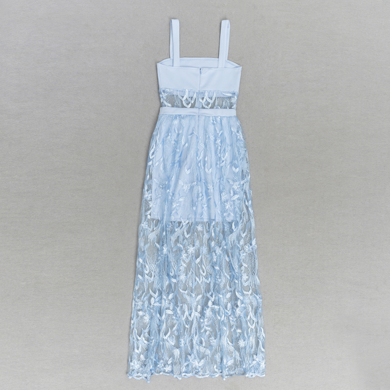 Ευρωπαϊκή και αμερικανική μόδα χωρίς πλάτη V sling αδυνατίσματος με διαφανές μπλε nich, μακρύ, χαλαρό φόρεμα, μονοκόμματο, παράδοση