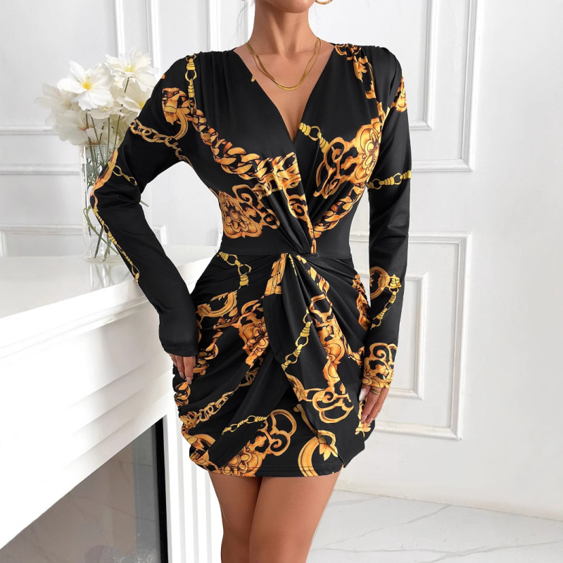 Eiropas un Amerikas jauna sieviešu kleita AliExpress modes eleganta apdrukāta garās piedurknes V veida kakla soma gurniem, stiepjas svārki banketiem