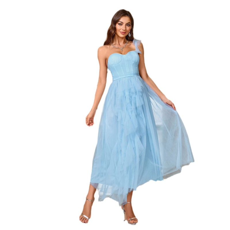 Vanjska trgovina Ženska modna seksi večernja haljina bez rukava s naramenicama i mrežastim šivanjem