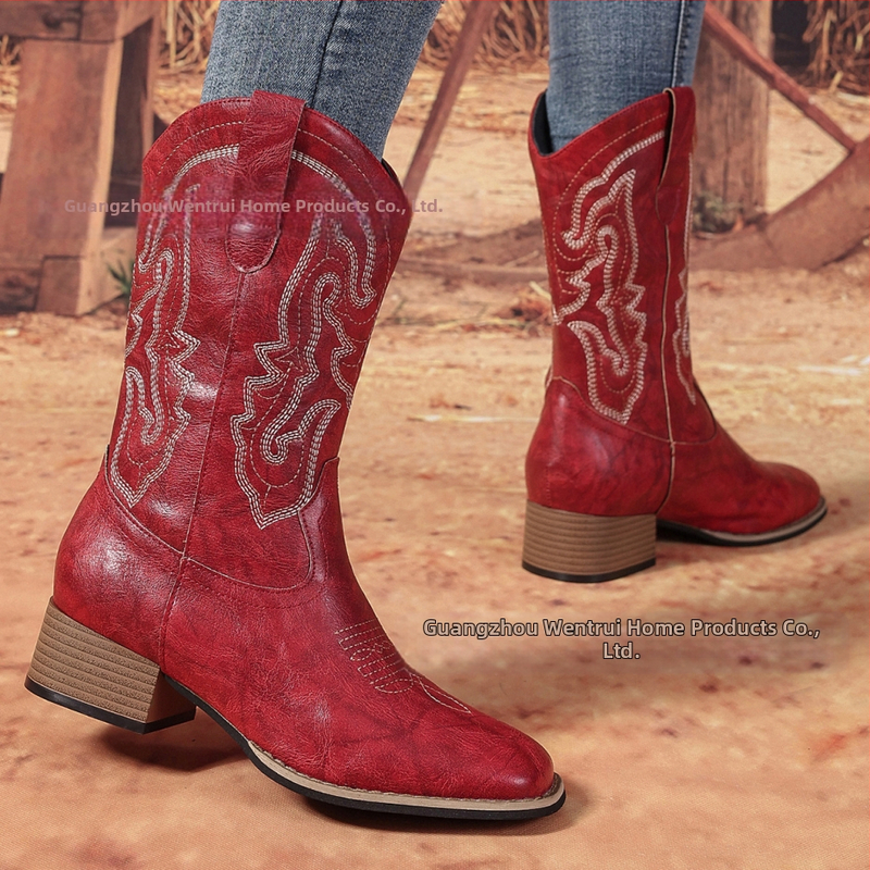 Dámske čižmy v západnom štýle v európskom a americkom štýle, retro, 2025, štyri ročné obdobia, zahraničný obchod, nové hotové čižmy so špicatou špičkou a cezhraničnou výškou do strednej trubky, výrobca zdroja